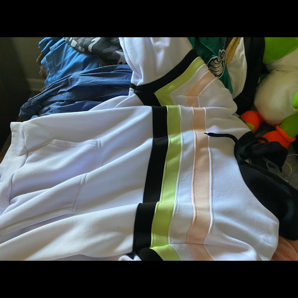 white hoodie with colored stripes